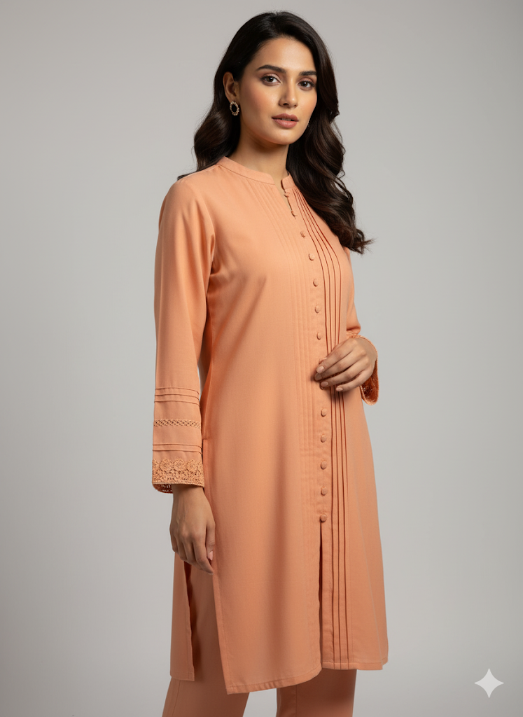 Georgette Long Shirt & Trouser Set – Navy Blue, Pink, Peach & Green